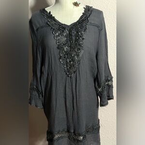 Vintage Elegant Gray Lace-Trimmed, Crocheted, Beaded Women's Dress/Tunic